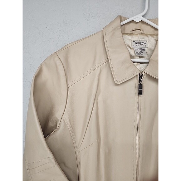 Cream Ivory Off White Leather Moto Jacket Muted Neutral | Tribeca Studios 18W - Picture 3 of 10
